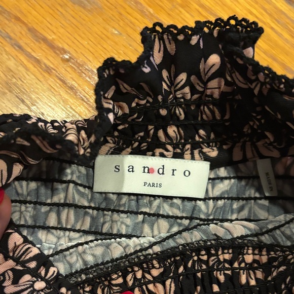 Sandro Floral Smocked Blouse in Black and Pink - Picture 4 of 5